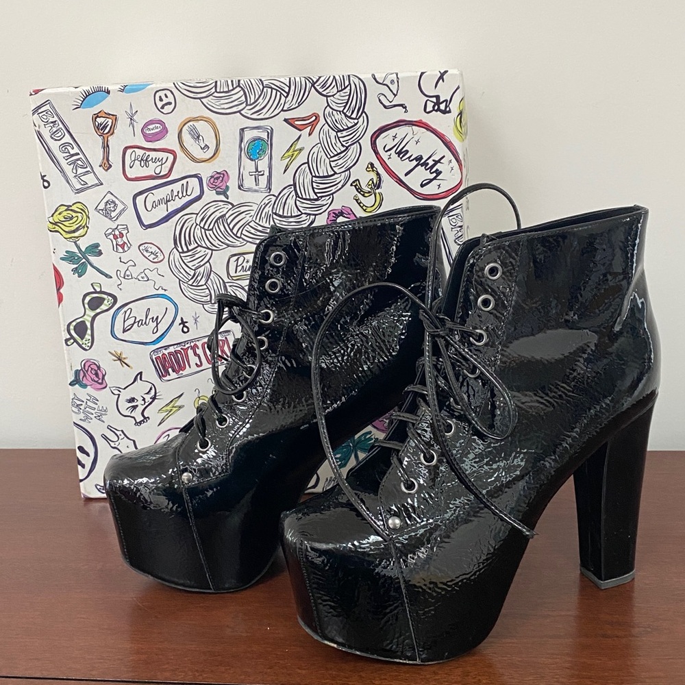 !RARE! Lita By Jeffrey Campbell - Shiny Black Lace Up Boots 9.5M